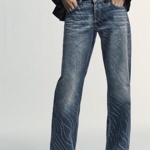 Zara TRF Low Rise Wide Leg Rhinestone Jeans